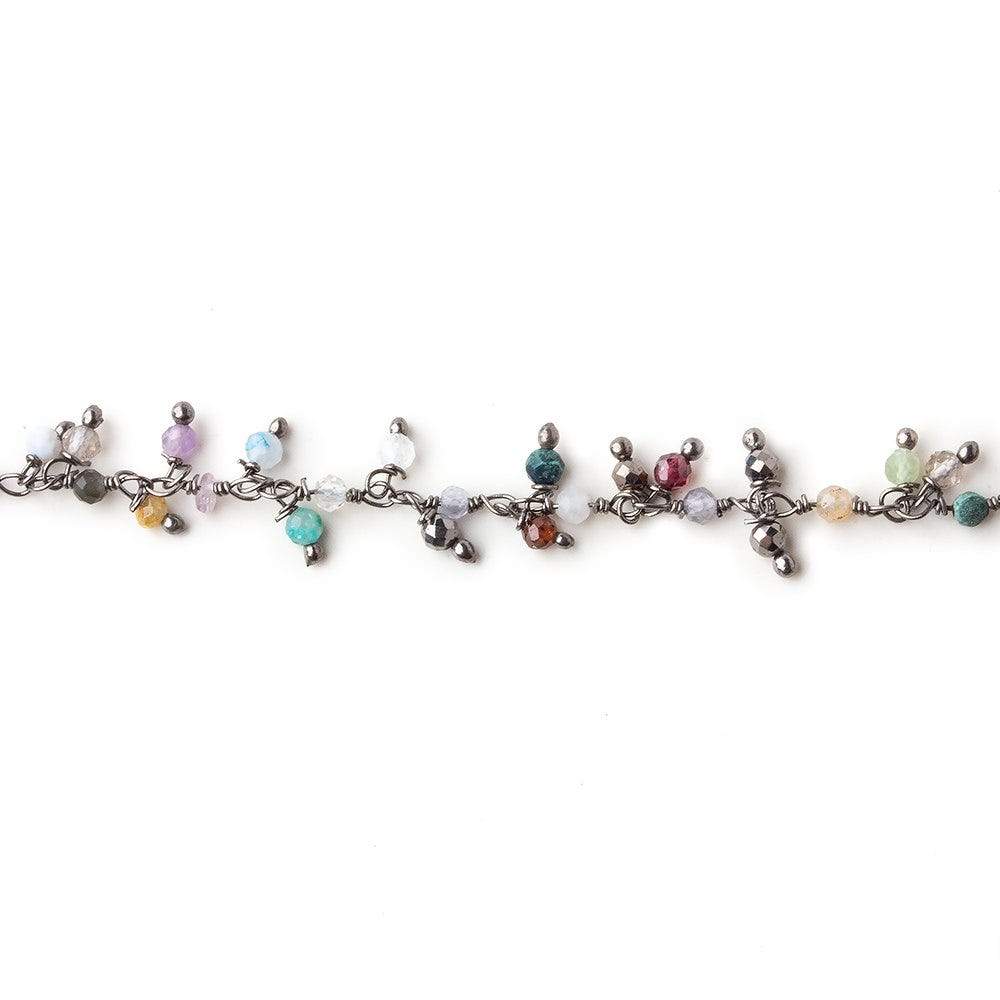 2mm MultiColor Gemstone micro faceted round Black Gold Dangling Chain by the foot (ONLINE ORDER ONLY)
