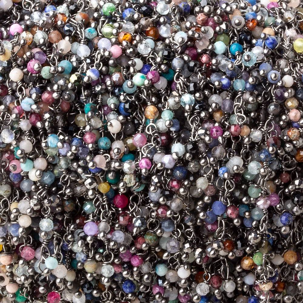 2mm MultiColor Gemstone micro faceted round Black Gold Dangling Chain by the foot (ONLINE ORDER ONLY)