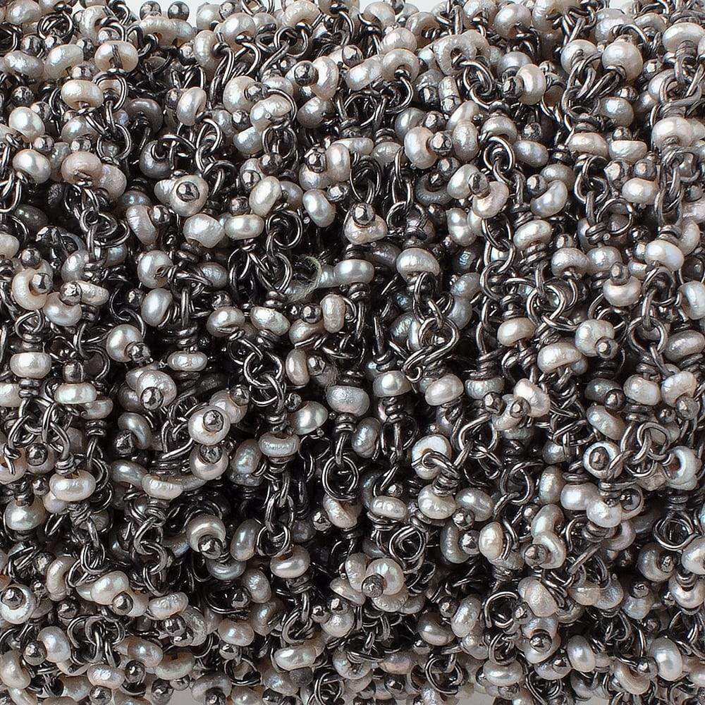 2mm Off White Seed Pearls on Black Gold .925 Dangling Chain by the Foot (ONLINE ORDER ONLY)