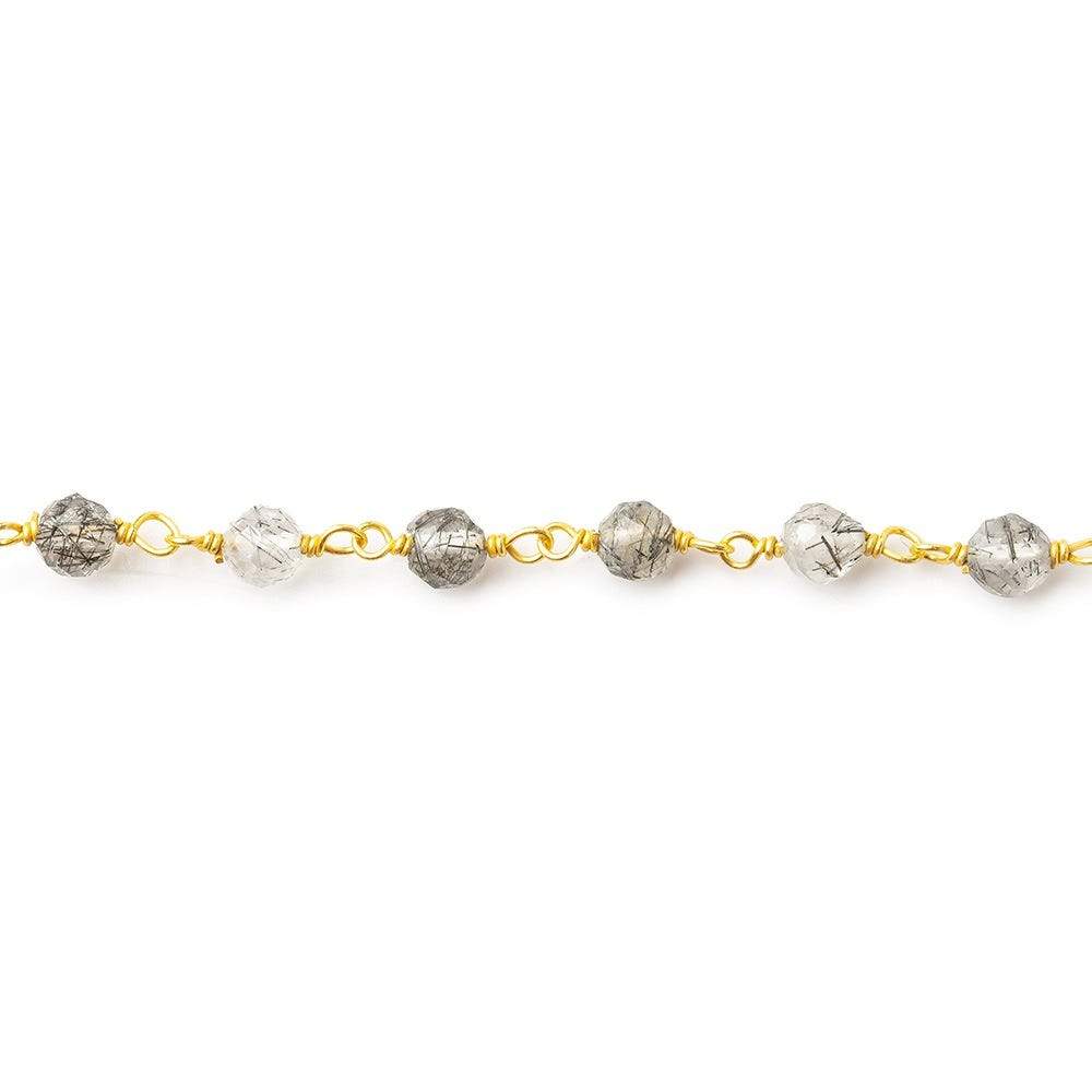 3-4mm Black Tourmalinated Quartz faceted round Vermeil Chain by the foot (ONLINE ORDER ONLY)
