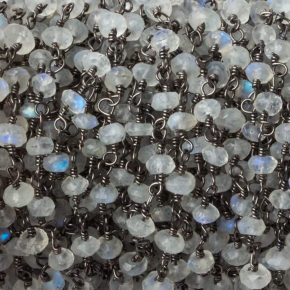 3-4mm Rainbow Moonstone Faceted Rondelle Black Gold plated Chain by the foot 34 pcs (ONLINE ORDER ONLY)