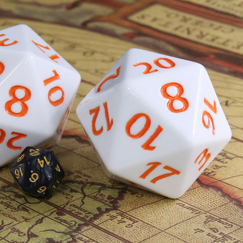 55mm Titan d20 (White with Orange) Huge d20 for DND RPG (Online Only)