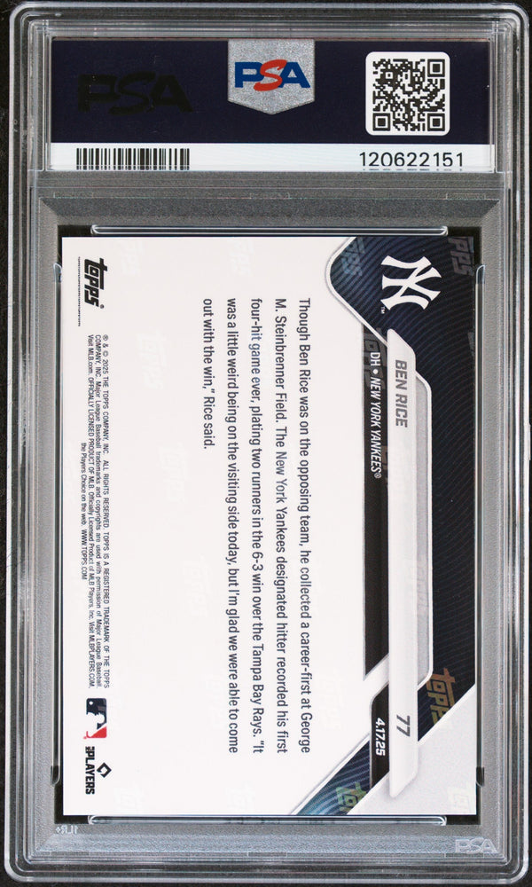Graded 2025 Topps Now Ben Rice #77 Rookie RC Baseball Card PSA 10 Gem Mint (ONLINE ORDER ONLY)