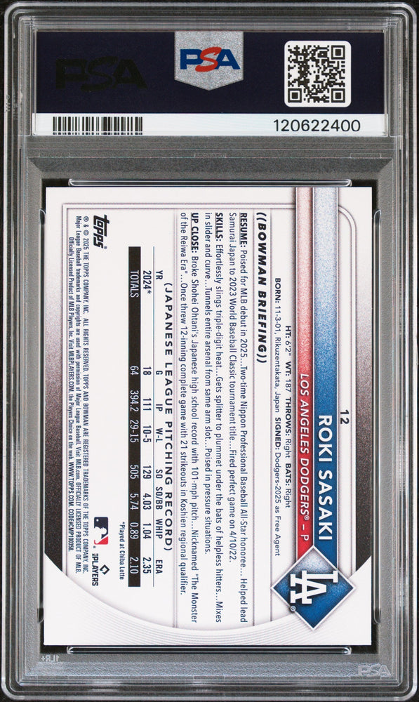 Graded 2025 Topps Bowman Roki Sasaki #12 Rookie RC Baseball Card PSA 10 Gem Mint