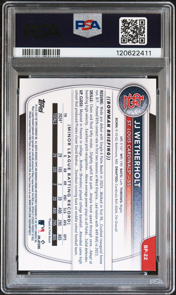 Graded 2025 Topps Bowman JJ Wetherholt #BP22 Paper Prospects Rookie RC Baseball Card PSA 6 Excellent (ONLINE ORDER ONLY)