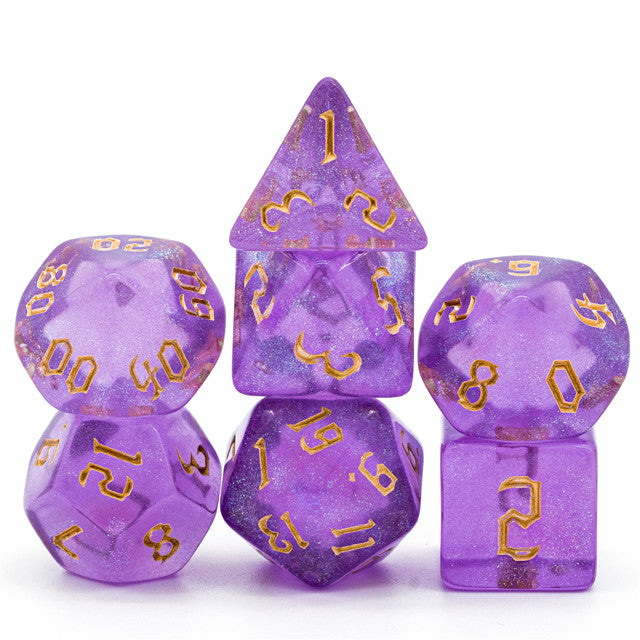 Purple Glitter Party Glitter Dice (Gold font) 7-Dice Set RPG DND (Online Only)