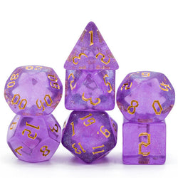 Purple Glitter Party Glitter Dice (Gold font) 7-Dice Set RPG DND (Online Only)