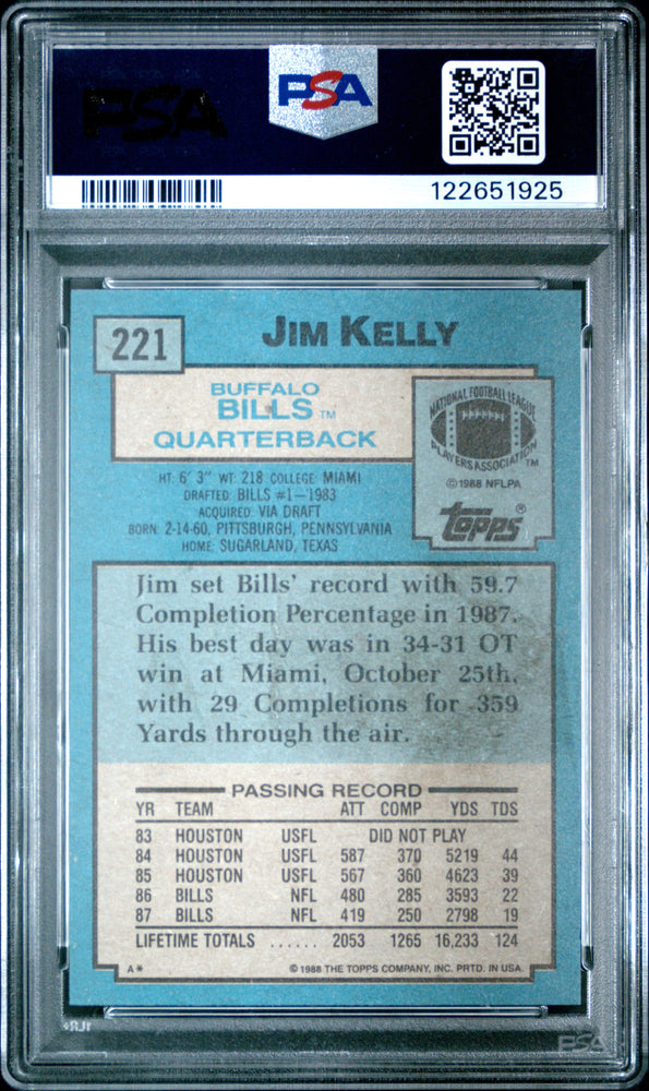 Graded 1988 Topps Jim Kelly #221 Football Card PSA 4 Very Good (ONLINE ORDER ONLY)
