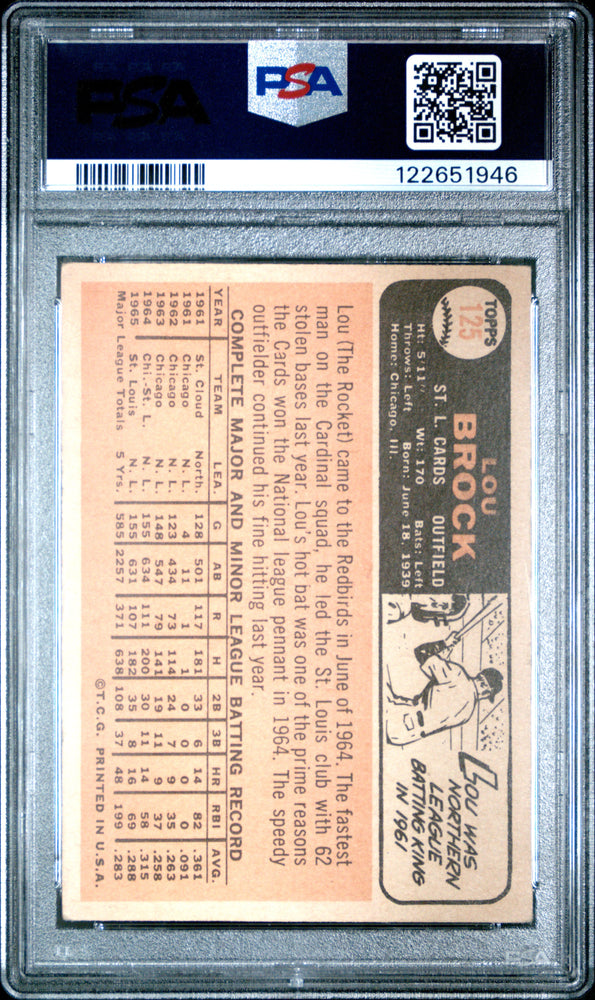 Graded 1966 Topps Lou Brock #125 Baseball Card PSA 4 Very Good (ONLINE ORDER ONLY)