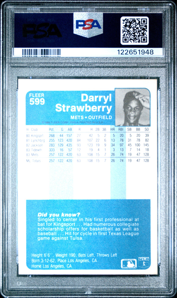 Graded 1984 Fleer Darryl Strawberry #599 Rookie RC Baseball Card PSA 8 Near Mint (ONLINE ORDER ONLY)