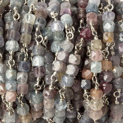 3.5mm Multi Color Umba Sapphire faceted cube Silver .925 Chain by the foot (ONLINE ORDER ONLY)