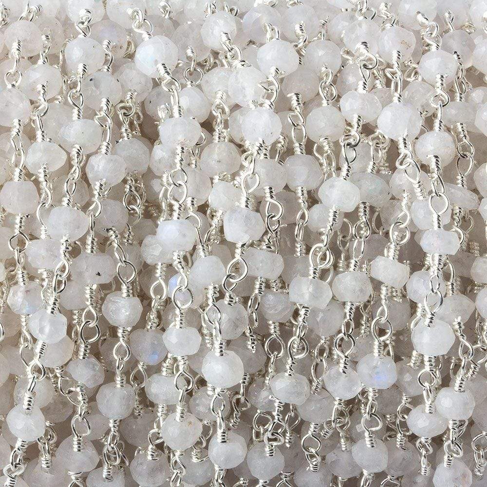 3.5mm Rainbow Moonstone faceted rondelle Silver Plated Chain by the foot 35 pieces (ONLINE ORDER ONLY)