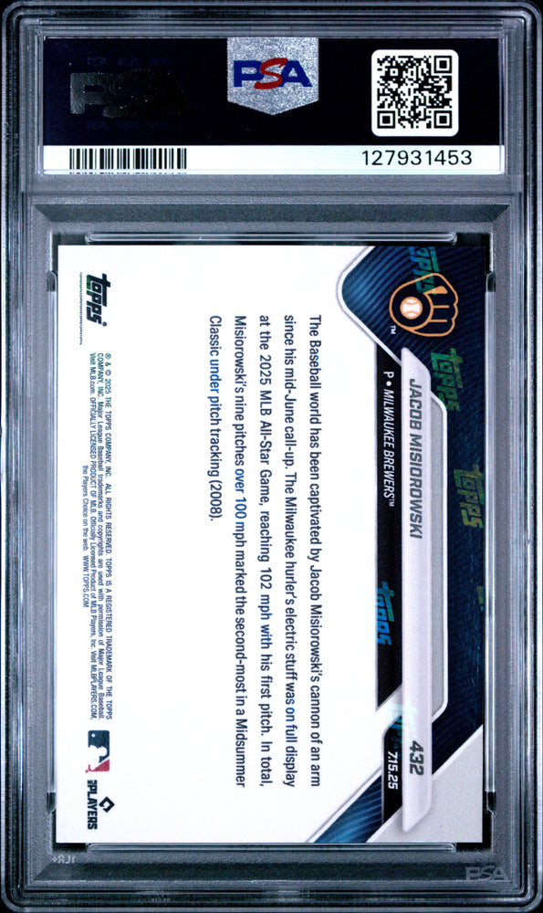 Graded 2025 Topps Now Jacob Misiorowski #432 Rookie RC Baseball Card PSA 9 Mint (ONLINE ORDER ONLY)
