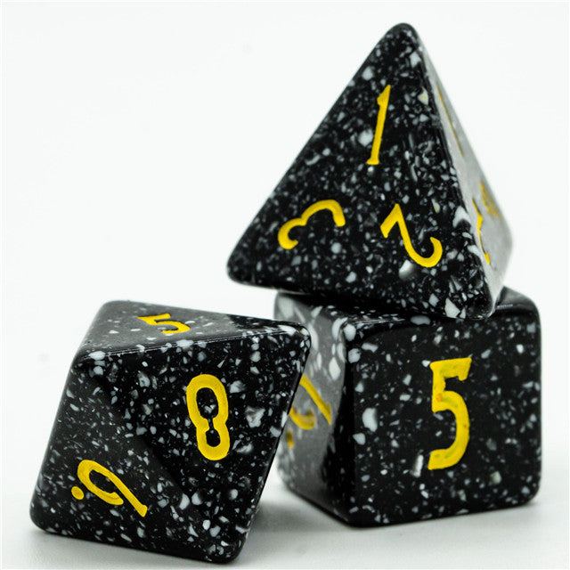 Freckled Black-&-White Homage 7-Dice Set w/Yellow Numbers Minimalist (Online Only)