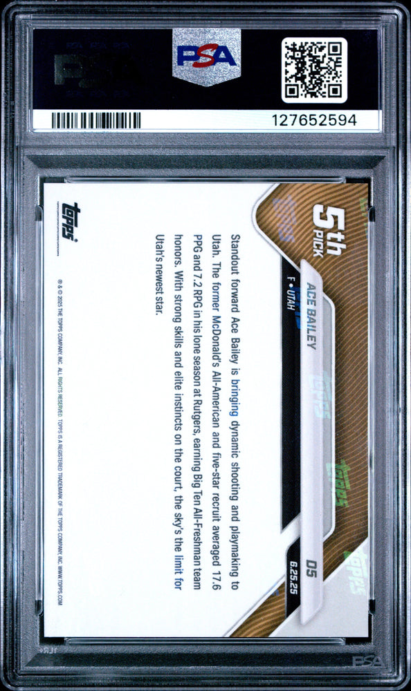Graded 2025 Topps Now Ace Bailey #D5 Draft Rookie RC Basketball Card PSA 10 Gem Mint