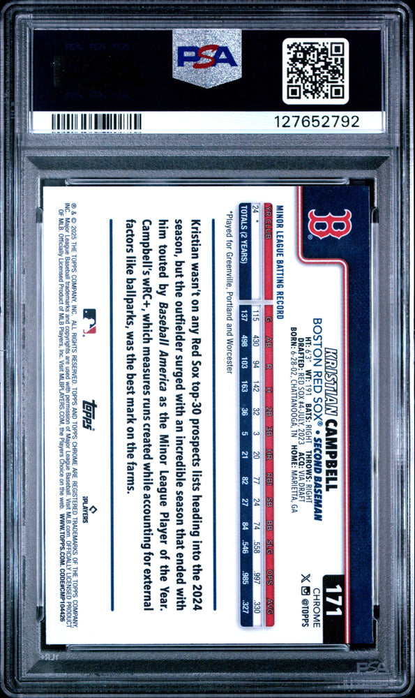 Graded 2025 Topps Chrome Kristian Campbell #171 Rookie RC Baseball Card PSA 5 Excellent