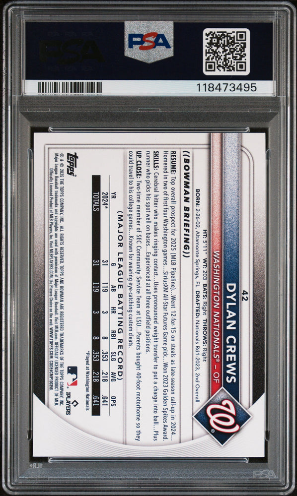 Graded 2025 Topps Bowman Dylan Crews #42 Rookie RC Baseball Card PSA 10 Gem Mint (ONLINE ORDER ONLY)