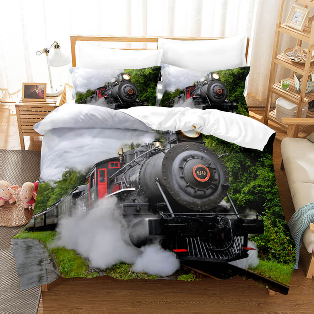 3 Piece Steam Engine Vintage Locomotive Bedding Set Duvet Covers Sets (Online Order Only)