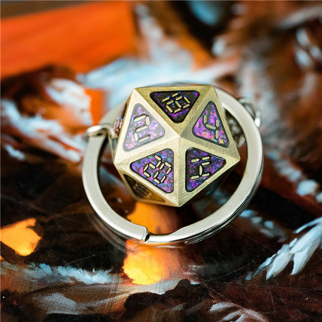 Metal D20 w/ Purple Glitter Keychain Analogue Font d20 (Online Only)