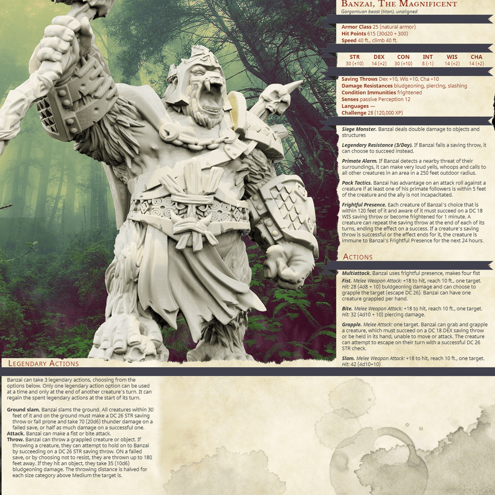 3D Printed Bestiary Vol. 4 Nafarrate - Banzai Gorilla King 32mm Ragnarok D&D (Online Only)