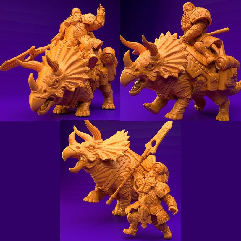 3D Printed Dwarf’s Army Nafarrate - Dwarf Triceratops Rider Set 28mm 32mm Ragnarok D&D (Online Only)