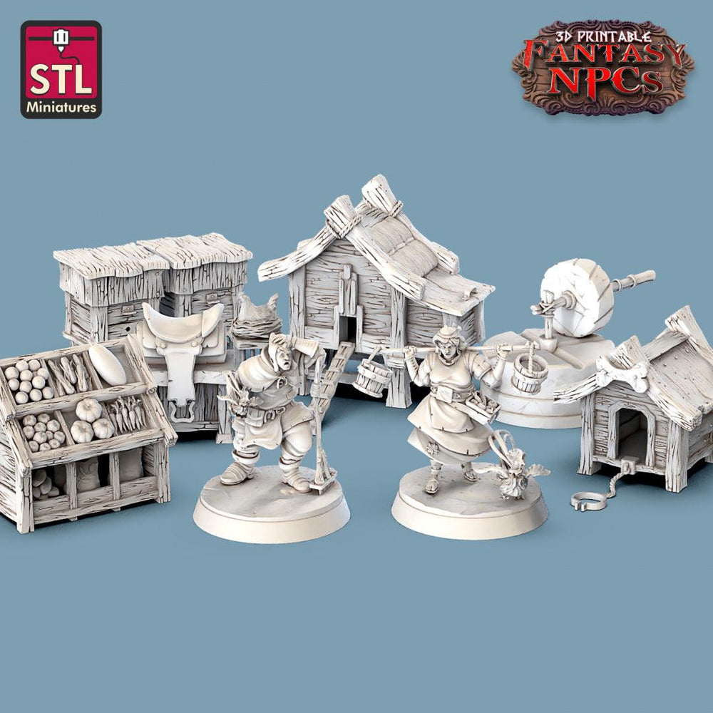 3D Printed STL Miniatures Farmer Set Fantasy NPC 28mm - 32mm War Gaming D&D (Online Only)