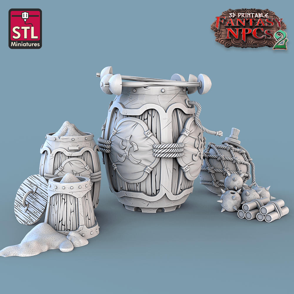 3D Printed STL Miniatures Gunpowder Vendors Set Fantasy NPC 2 | 28 - 32mm War Gaming D&D (Online Only)