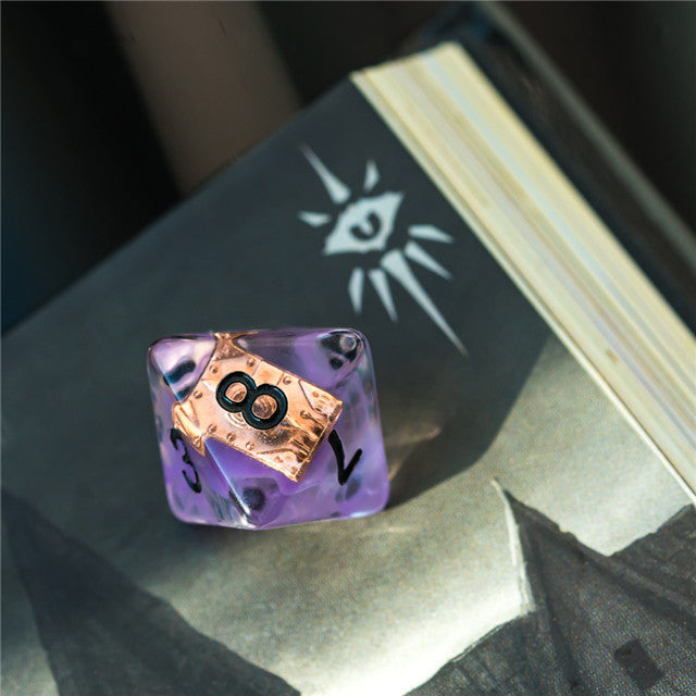 Warlock (Magic Book) Clear Purple Dice w/ Golden Book 7-Dice Set Rpg (Online Only)