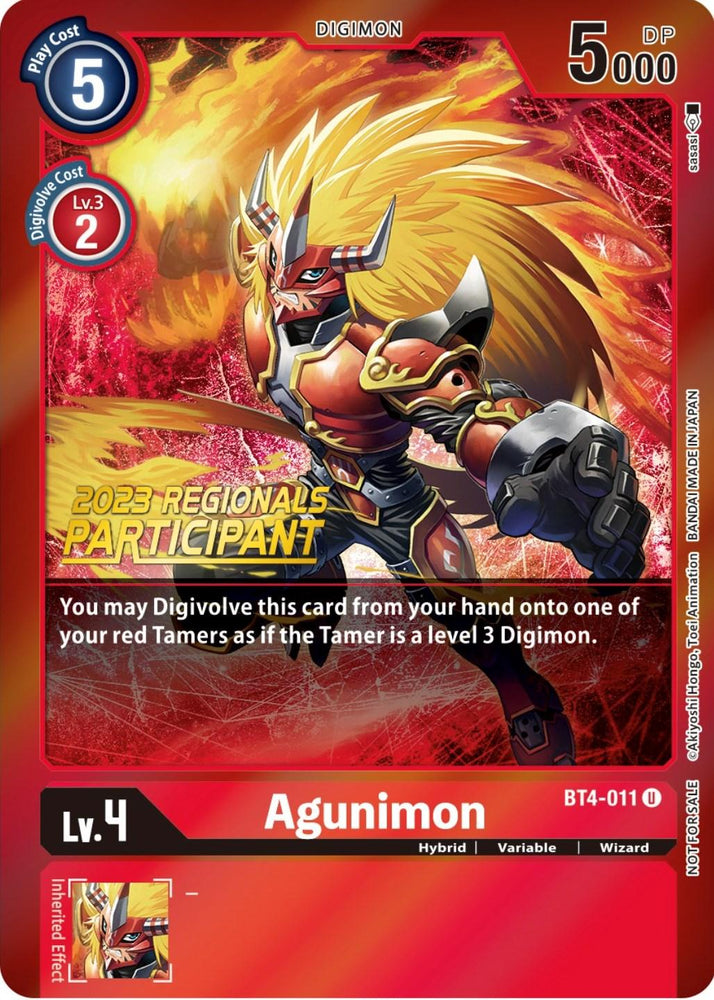 Agunimon [BT4-011] (2023 Regionals Participant) [Great Legend Promos] (ONLINE ORDER ONLY)