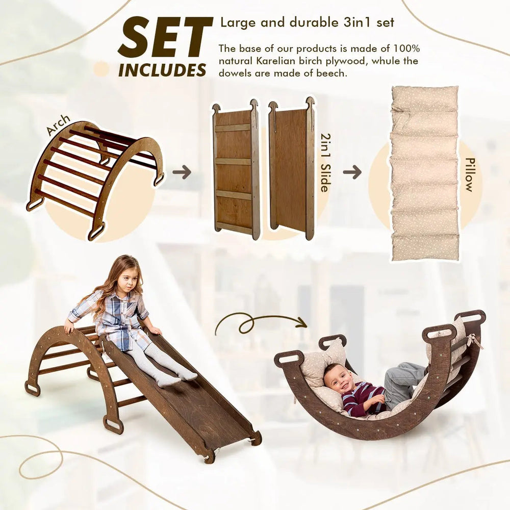 3in1 Montessori Climbing Set: Climbing Arch + Slide Board + Cushion – Chocolate (ONLINE ORDER ONLY)