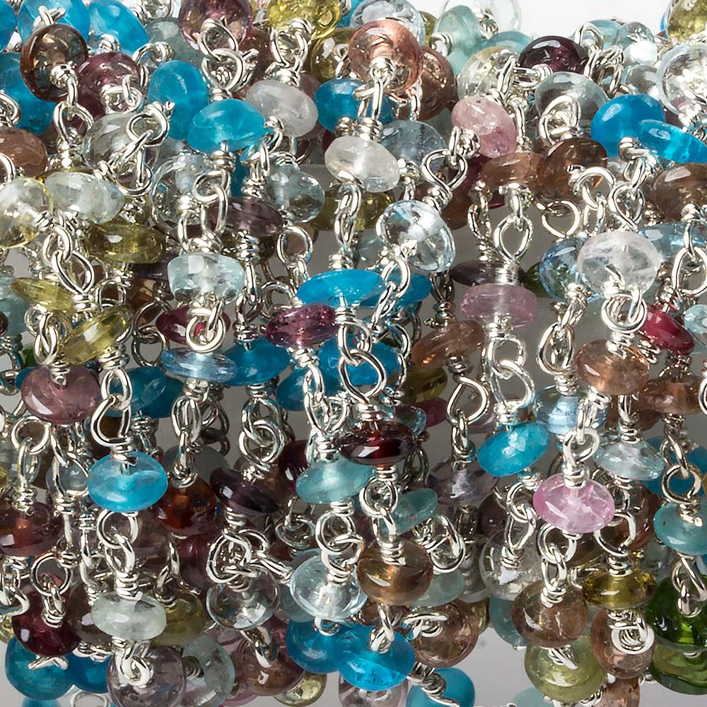 3mm Multi Gemstone plain rondelle Silver .925 Chain by the foot 45 pieces (ONLINE ORDER ONLY)
