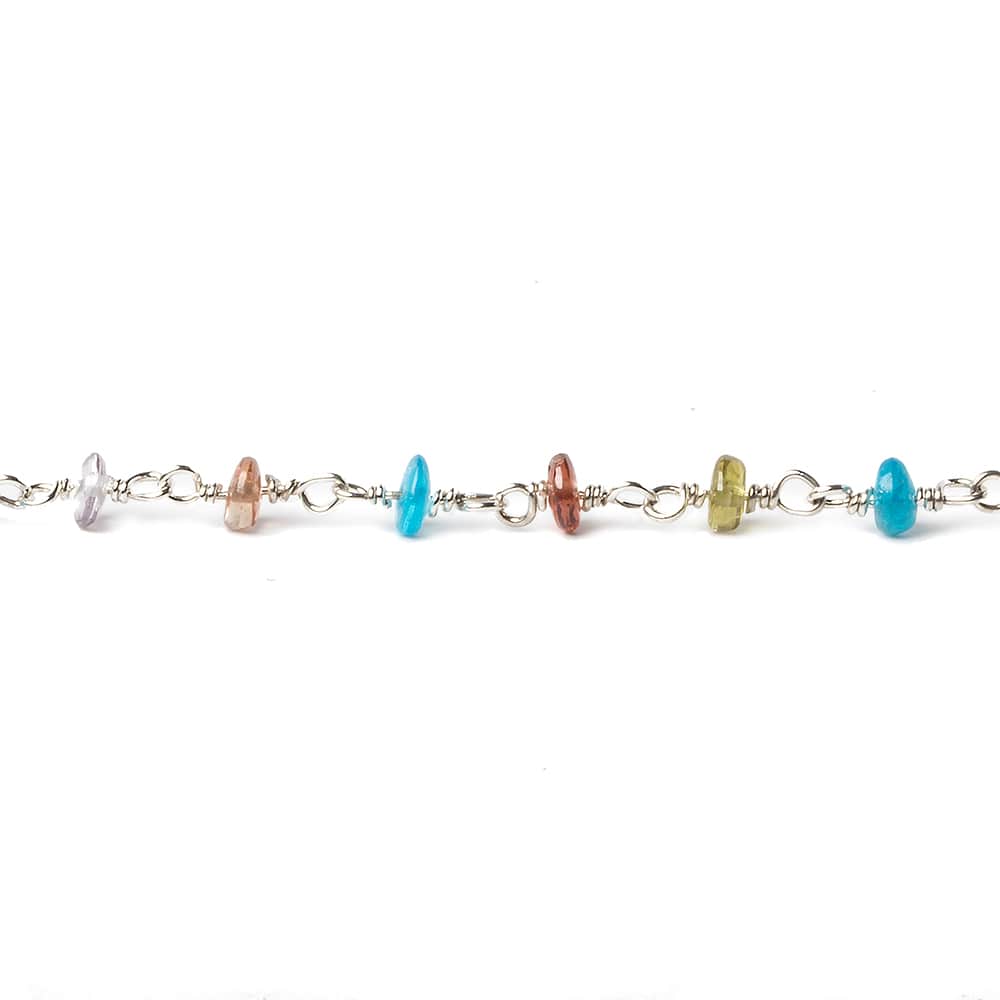 3mm Multi Gemstone plain rondelle Silver .925 Chain by the foot 45 pieces (ONLINE ORDER ONLY)