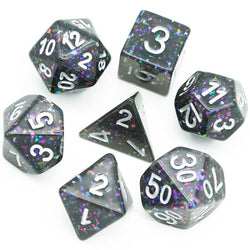 Black Cloud Brocade Powder 7-Dice Dnd Dice | Glitter w/Silver Numbers Set (Online Only)