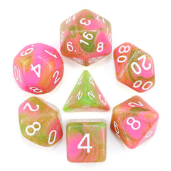 Apple Taffy Lime Green/Pink Glitter/Swirl  7-Dice Set by HendgaDice (Online Only)