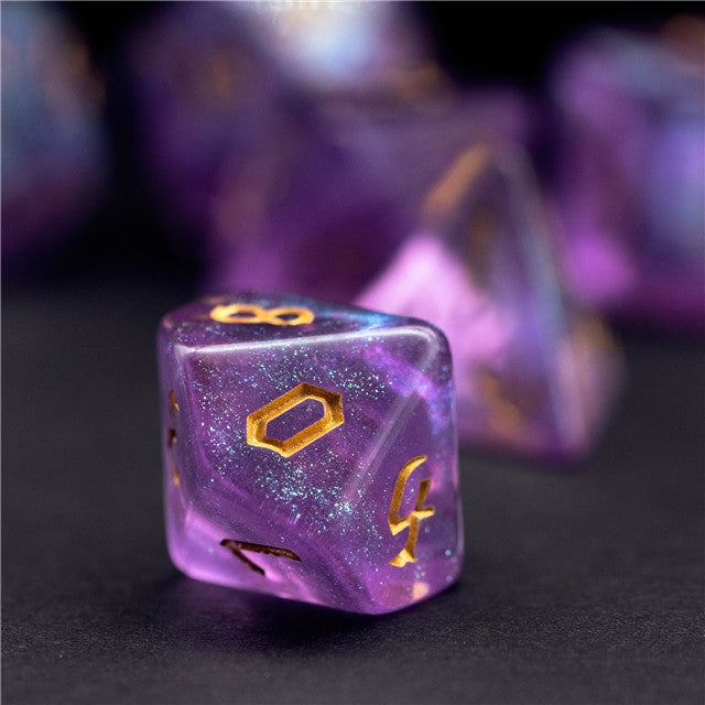 Purple Glitter Party Glitter Dice (Gold font) 7-Dice Set RPG DND (Online Only)
