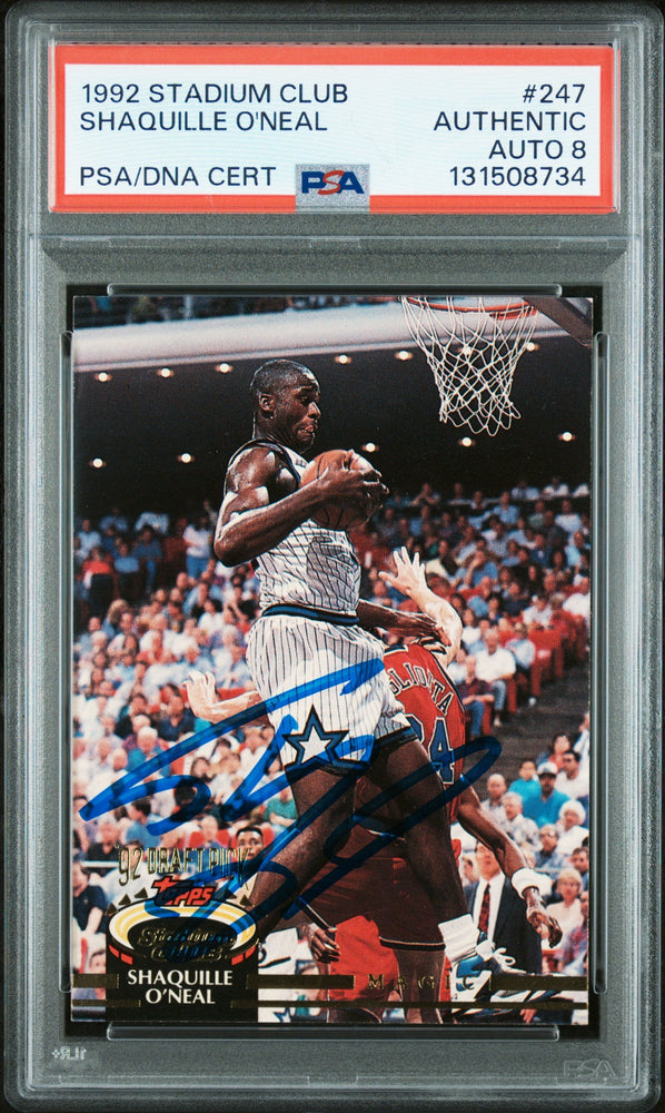 Graded 1992-93 Stadium Club Shaquille O'Neal #247 Rookie RC Basketball Card PSA 8 Auto Grade Near Mint
