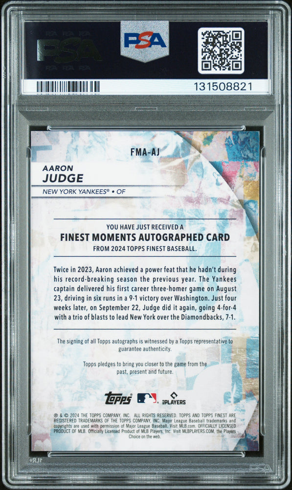 Graded 2024 Topps Finest Aaron Judge #FMA-AJ Finest Moments Autographs Baseball Card PSA 10 Auto Grade Gem Mint (ONLINE ORDER ONLY)