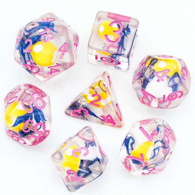 Yellow Mushroom Dice Clear Blue Flower w/Pink Numbers 7-Dice Set Rpg (Online Only)