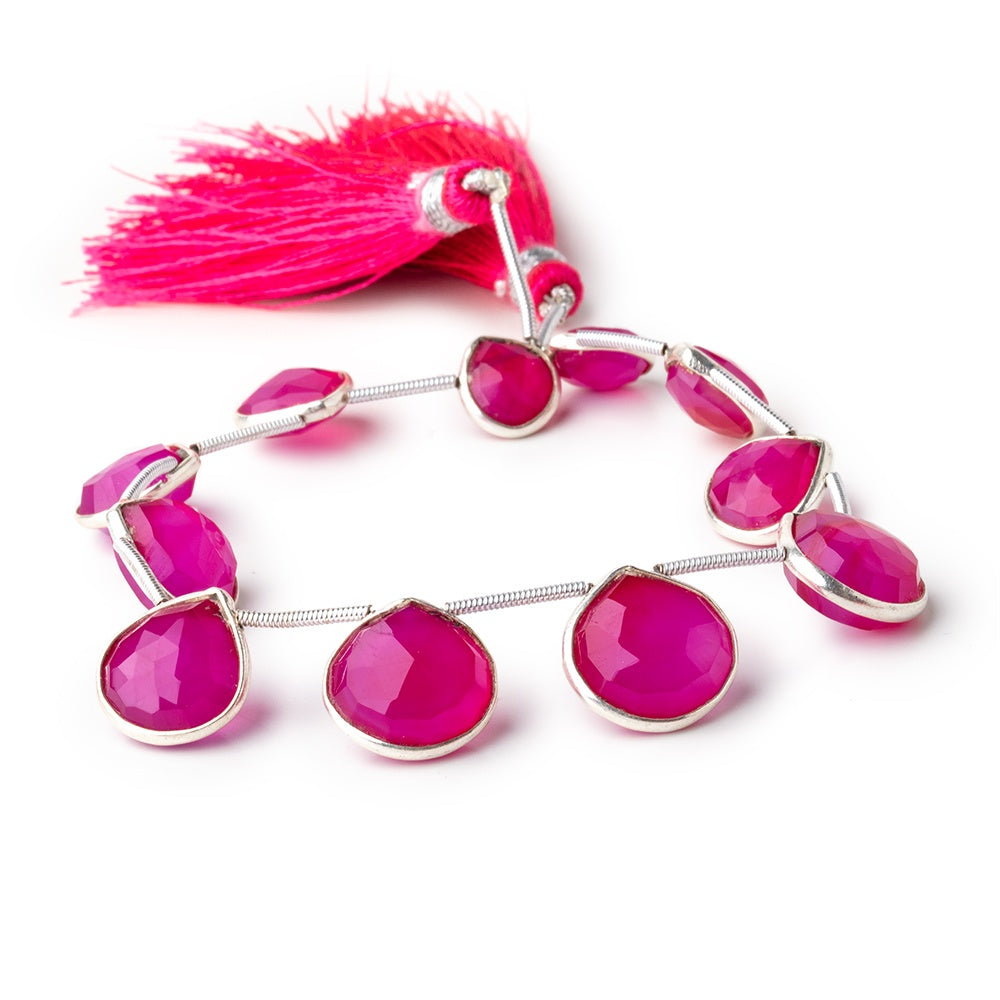 10mm Silver Bezeled Fuchsia Chalcedony Faceted Heart Beads 7 inch 11 pieces (ONLINE ORDER ONLY)