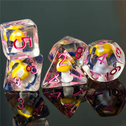 Yellow Mushroom Dice Clear Blue Flower w/Pink Numbers 7-Dice Set Rpg (Online Only)