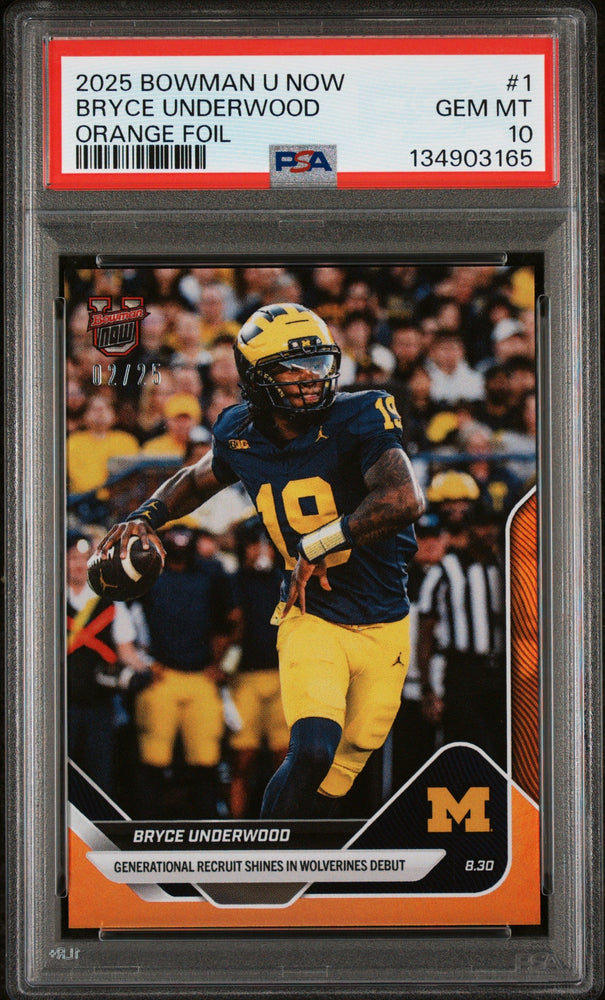 Graded 2025 Topps Bowman U Now Bryce Underwood #1 Orange Foil /25 Rookie RC Football Card PSA 10 Gem Mint (ONLINE ORDER ONLY)