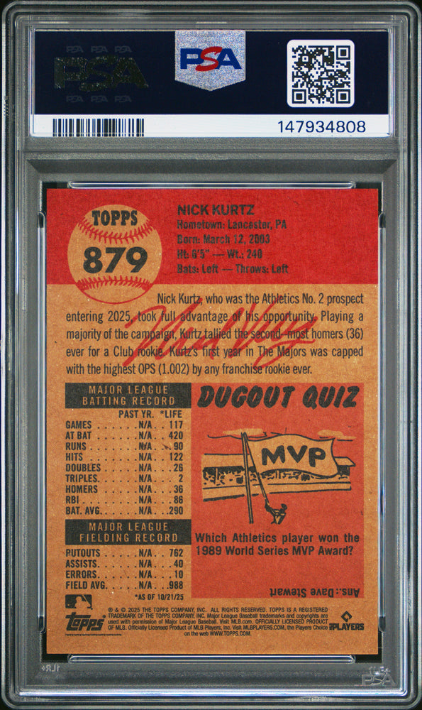 Graded 2025 Topps Living Nick Kurtz #879 Black Bio Text /10 Rookie RC Baseball Card PSA 9 Mint