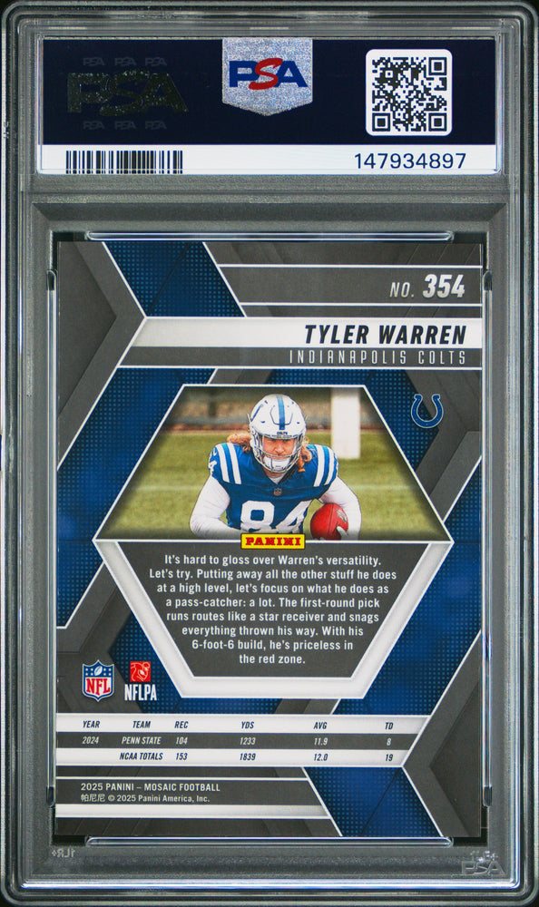 Graded 2025 Panini Mosaic Tyler Warren #354 Rookie RC Football Card PSA 10 Gem Mint