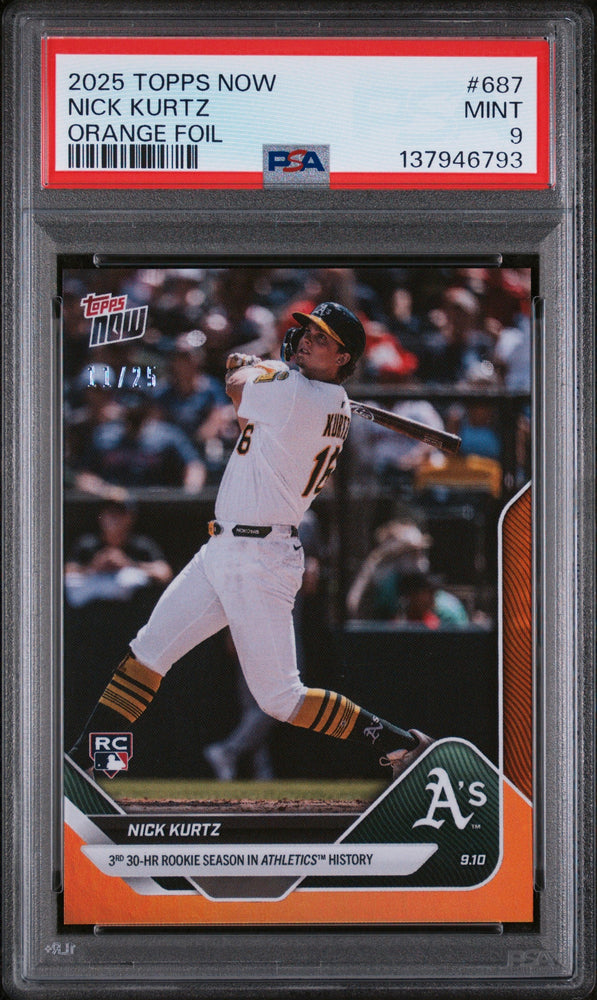 Graded 2025 Topps Now Nick Kurtz #687 Orange Foil /25 Rookie RC Baseball Card PSA 9 Mint