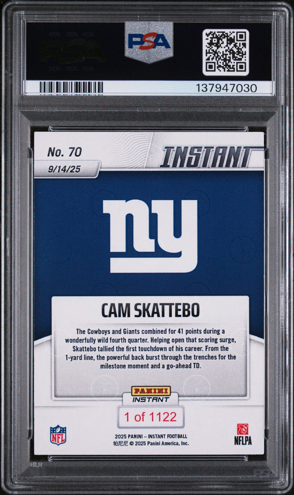 Graded 2025 Panini Instant Cam Skattebo #70 Rookie RC Football Card PSA 10 Gem Mint