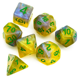 Blue & Yellow w/green Galaxy Glitter 7-Dice Set RPG (Online Only)