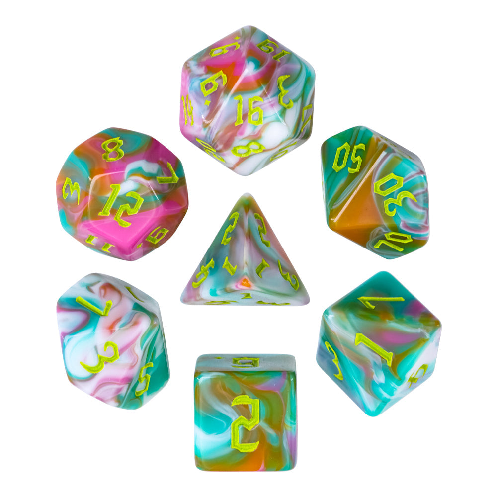 Teal Sky 7-Dice Set Pastel Green Pink w/Green Numbers Dnd Dice Set (Online Only)