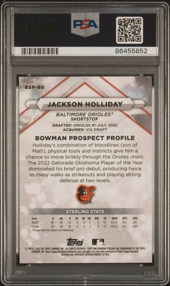 Graded 2023 Topps Bowman Sterling Jackson Holliday #BSP80 Gold /50 Rookie RC Baseball Card PSA 10 Gem Mint (ONLINE ORDER ONLY)
