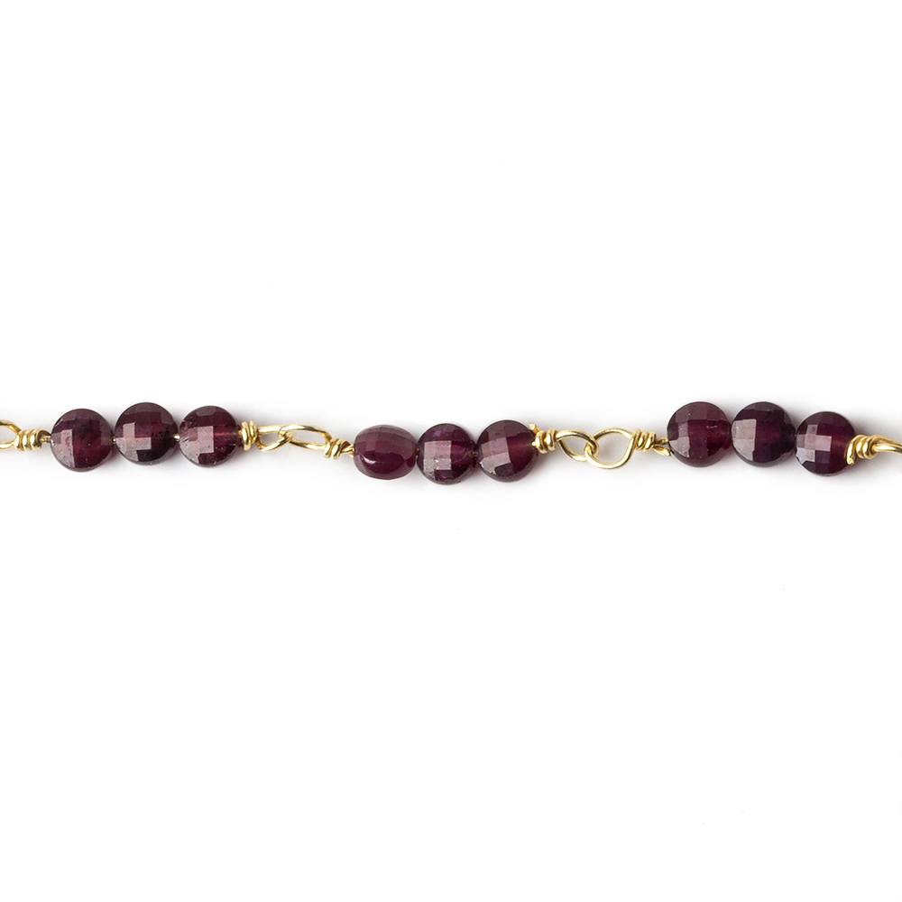 4mm Garnet faceted coin Trio Gold Chain by the foot 54 beads per length (ONLINE ORDER ONLY)