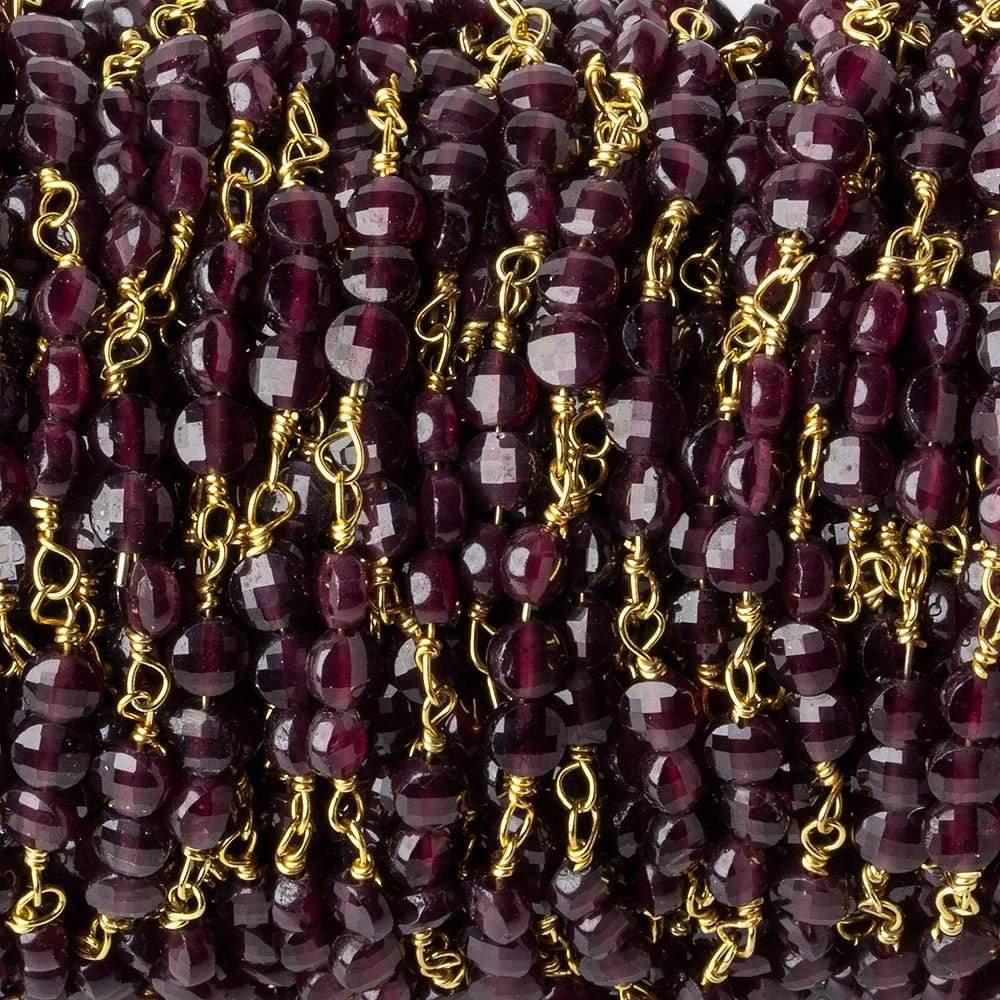 4mm Garnet faceted coin Trio Gold Chain by the foot 54 beads per length (ONLINE ORDER ONLY)